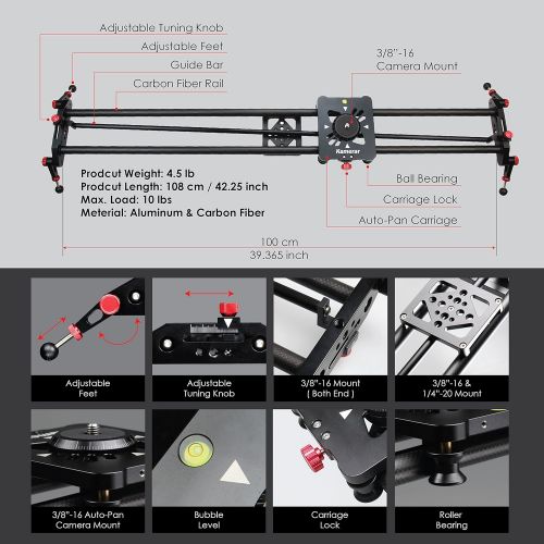  Kamerar 39.4 inch  100 cm Pan-100 Track Motion Rail Stabilization DSLR Camera Slider: Light Carbon Fiber Rail, Adjustable Legs, Angle Follow Focus, Parallax Slide, Panoramic Slide