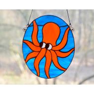 /KamillaArt Stained glass panel, octopus suncatcher, nautical home decor, window hanging glass art, garden decoration, Tiffany technique