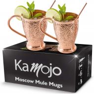 [아마존베스트]Moscow Mule Copper Mugs - Embossed Set of 2 Pure Copper Cups -2 Straws/Stir Sticks -20 Recipe E-book -Kamojo Exclusive