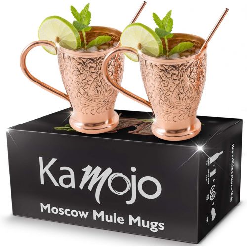  [아마존베스트]Moscow Mule Copper Mugs - Embossed Set of 2 Pure Copper Cups -2 Straws/Stir Sticks -20 Recipe E-book -Kamojo Exclusive