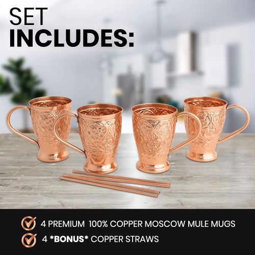  [아마존베스트]Moscow Mule Copper Mugs - Embossed Set of 2 Pure Copper Cups -2 Straws/Stir Sticks -20 Recipe E-book -Kamojo Exclusive