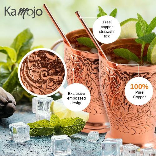  [아마존베스트]Moscow Mule Copper Mugs - Embossed Set of 2 Pure Copper Cups -2 Straws/Stir Sticks -20 Recipe E-book -Kamojo Exclusive