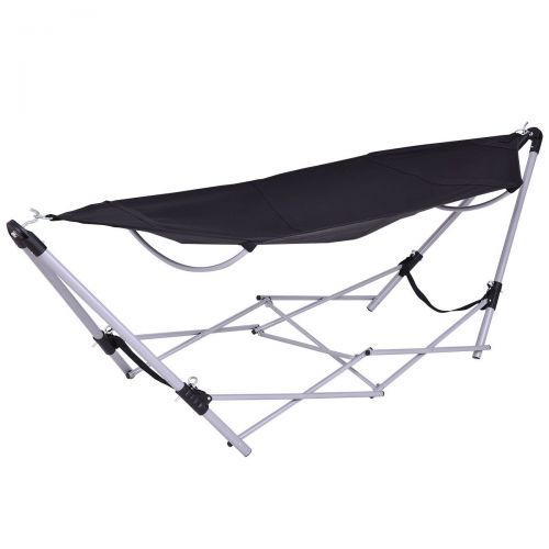  Kamp Black Portable Folding Hammock Beach Lounge Camping Bed Steel Frame Stand w/ Bag - 264lbs Capacity