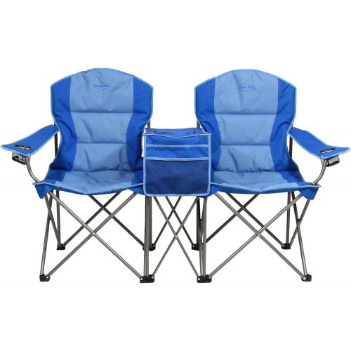  Kamp-Rite KAMPCC376 Outdoor Camping Furniture Beach Patio Sports 2 Person Double Folding Lawn Chair with Cooler and Cup Holders, Blue