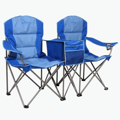  Kamp-Rite KAMPCC376 Outdoor Camping Furniture Beach Patio Sports 2 Person Double Folding Lawn Chair with Cooler and Cup Holders, Blue