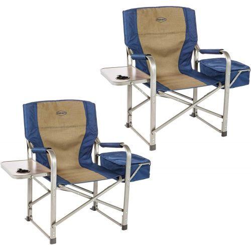  Kamp-Rite Director Portable Lounge Chair Outdoor Furniture Folding Sports Chair with Side Table, Cup Holder, and 12 Can Ice Cooler, Navy (2 Pack)