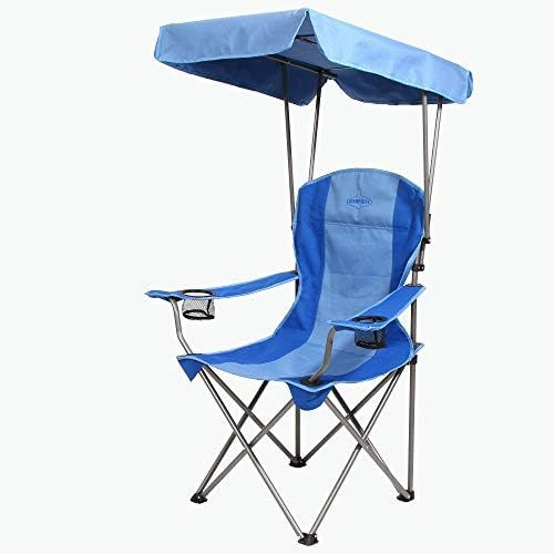  Kamp-Rite KAMPCC466 Outdoor Camping Furniture Beach Patio Sports Folding Quad Lawn Chair with Shade Canopy and 2 Cup Holders, Blue