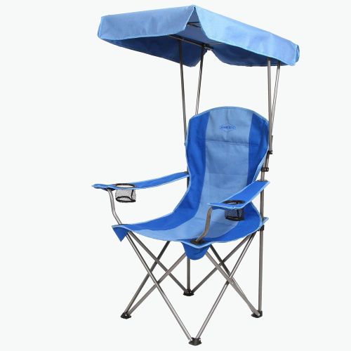  Kamp-Rite KAMPCC466 Outdoor Camping Furniture Beach Patio Sports Folding Quad Lawn Chair with Shade Canopy and 2 Cup Holders, Blue