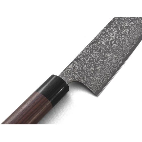  Kanehiro Damast Profi-Messer SANTOKU Kurosome Yoshimi Kato. Klingen-Lange 17cm. VG-10 Schneidkern, 30 Lagen Damast, hand-geschmiedet. Runder Echt-Holz-Griff aus hochwertigem Rosenholz-Palis