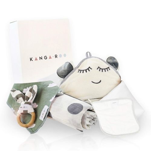  Kanga + Roo Newborn Baby Gift Basket Set - Unisex Baby Shower Gift for Boys and Girls. 5 Piece Set. Large Hooded Baby Towel, Washcloth, Muslin Cotton Swaddle, Bib and Wooden Bunny Teether.