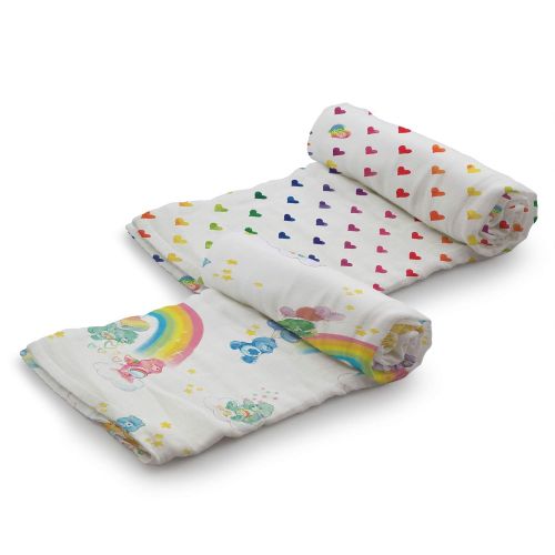  Care Bears for Kanga Care Serene Swaddles - Premium Bamboo Swaddle Blankets (2pk) : Watercolor Hearts + Rainbow