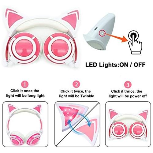  [아마존베스트]Kangxinsheng Cat Ear Headphones with LED Glowing/Flashing, Foldable Rechargeable Wired Gaming Headset for Girls, Children, Compatible with Laptop PC, Smartphone, MP3