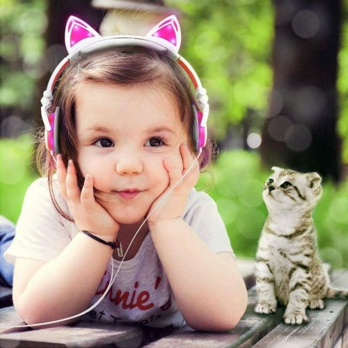  [아마존베스트]Kangxinsheng Cat Ear Headphones with LED Glowing/Flashing, Foldable Rechargeable Wired Gaming Headset for Girls, Children, Compatible with Laptop PC, Smartphone, MP3