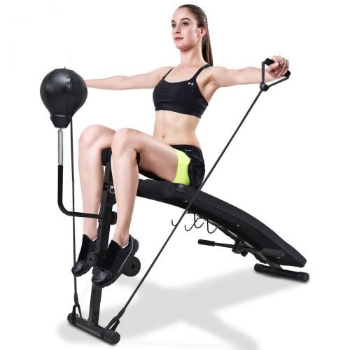  Goplus Adjustable Incline Weight Bench Curved Sit Up Bench Board WSpeed Ball and Pull Ropes