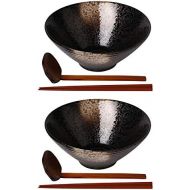 [아마존베스트]Kanwone Ceramic Japanese Ramen Bowl Set, Soup Bowls - 37 Ounce, with Matching Spoons and Chopsticks for Udon Soba Pho Asian Noodles, Set of 2, Black