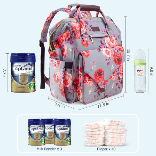  Diaper Bag Backpack, Upgraded Kaome Large Capacity Multifunction Nappy Bags, Waterproof Baby Bag Floral Insulated Durable Travel Maternity Back Pack for Baby Girls (with Diaper Pad