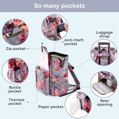  Diaper Bag Backpack, Upgraded Kaome Large Capacity Multifunction Nappy Bags, Waterproof Baby Bag Floral Insulated Durable Travel Maternity Back Pack for Baby Girls (with Diaper Pad