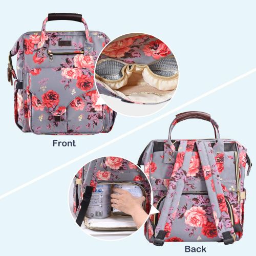  Diaper Bag Backpack, Upgraded Kaome Large Capacity Multifunction Nappy Bags, Waterproof Baby Bag Floral Insulated Durable Travel Maternity Back Pack for Baby Girls (with Diaper Pad