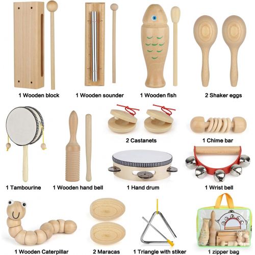  [아마존베스트]KAQINU Kids Musical Instruments, 21Packs Toddlers 100% Natural Wooden Music Percussion Toy Sets for Childrens Preschool Educational Early Learning, Musical Toys for Age1-3 Toddlers