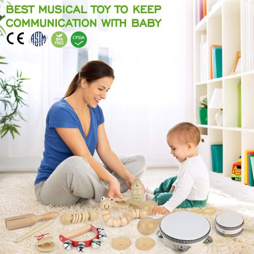  [아마존베스트]KAQINU Kids Musical Instruments, 21Packs Toddlers 100% Natural Wooden Music Percussion Toy Sets for Childrens Preschool Educational Early Learning, Musical Toys for Age1-3 Toddlers