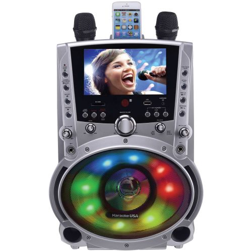  Karaoke USA GF758 Complete Bluetooth Karaoke System with LED Sync Lights- 50 Watt Power Output includes 2 Microphones, Remote Control, 7? Color Screen, Record Function. Plays DVD/C