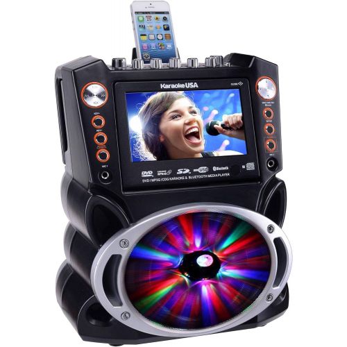  [아마존베스트]Karaoke USA GF845 Complete Karaoke System with 2 Microphones, Remote Control, 7” Color Display, LED Lights - Works with DVD, Bluetooth, CD, MP3 and All Devices