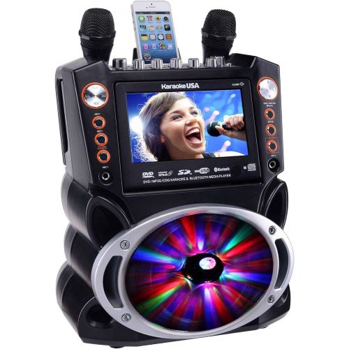  [아마존베스트]Karaoke USA GF845 Complete Karaoke System with 2 Microphones, Remote Control, 7” Color Display, LED Lights - Works with DVD, Bluetooth, CD, MP3 and All Devices