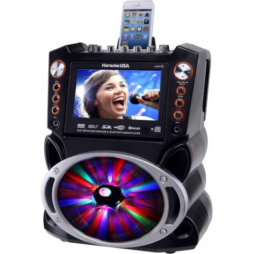  [아마존베스트]Karaoke USA GF845 Complete Karaoke System with 2 Microphones, Remote Control, 7” Color Display, LED Lights - Works with DVD, Bluetooth, CD, MP3 and All Devices