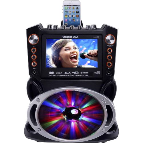  [아마존베스트]Karaoke USA GF845 Complete Karaoke System with 2 Microphones, Remote Control, 7” Color Display, LED Lights - Works with DVD, Bluetooth, CD, MP3 and All Devices