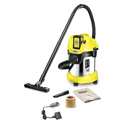  Karcher Akku-Mehrzwecksauger WD 3 Battery Premium Set (Akkulaufzeit: 15 min, Leistung: 300 W, Behaltergroesse: 17 l aus Edelstahl, 36 V, Blasfunktion, Zubehoeraufbewahrung, Saugen ohn