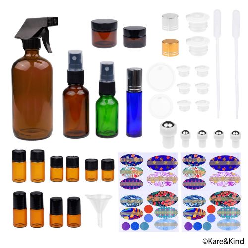  Kare & Kind Refillable Essential Oil Bottle Kit - Includes: 16x Multi-Size Essential Oil Bottles / Jars, 3x Sprayers, 16x Caps, 78x Labels (4 Sizes), 2x Mini Droppers + 1x Mini Fun