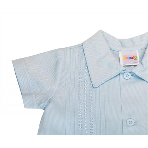  Karela Pique Blue Baby Boy Guayabera Romper by Blue Embroidery with Two Small Pockets. Buttons Between Legs
