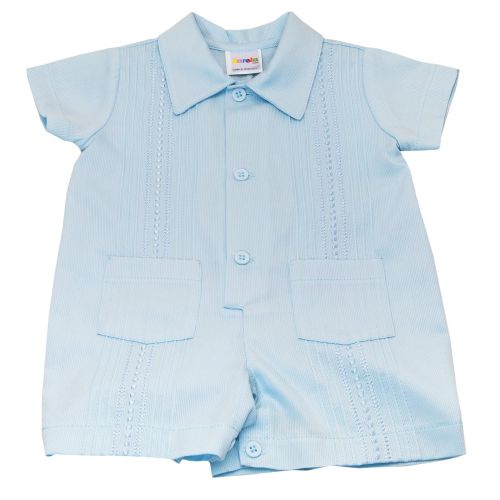  Karela Pique Blue Baby Boy Guayabera Romper by Blue Embroidery with Two Small Pockets. Buttons Between Legs