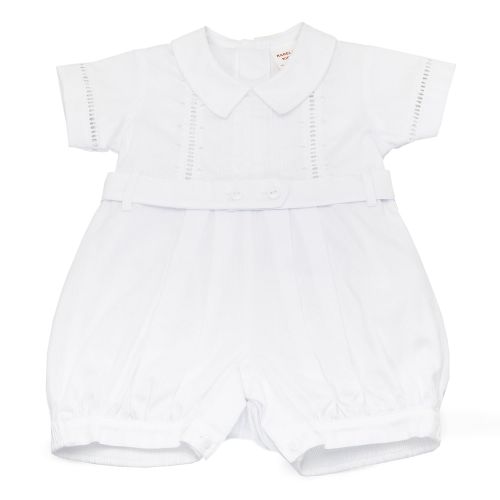  Karela White Christening Baby Boy Romper. Beautiful Elegant Details. Back Buttoned Closure. White Belt and Snaps Between Legs