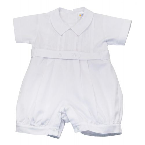  Karela White Christening Baby Boy Romper. Beautiful Elegant Details. Back Buttoned Closure. White Belt and Snaps Between Legs