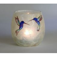 KarenKeirStrawsilk Humming Bird candle holder votive - cute hand painted glittery birds on warm natural cream strawsilk