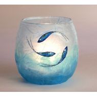 Blue Fish candle holder - hand painted fish on aqua and turquoise strawsilk glass with a hint of sparkle by KarenKeirStrawsilk - made in UK