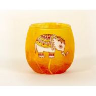 KarenKeirStrawsilk Elephant boho candle holder - sweet decorative elephant on warm orange and yellow ochre strawsilk.