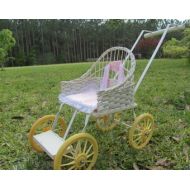 KarensChicNShabby Vintage doll carriage, baby carriage, wicker stroller, baby buggy, photo prop, doll furniture, white wicker, babby shower card holder