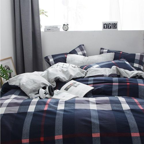  karever Kids Duvet Cover Sets Navy Plaid Bedding Set Twin for Boys Girls 3 PCs Cotton Comforter Cover Set, Navy Blue Checkered with Red Lines