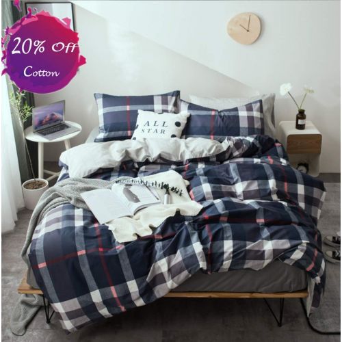  karever Kids Duvet Cover Sets Navy Plaid Bedding Set Twin for Boys Girls 3 PCs Cotton Comforter Cover Set, Navy Blue Checkered with Red Lines