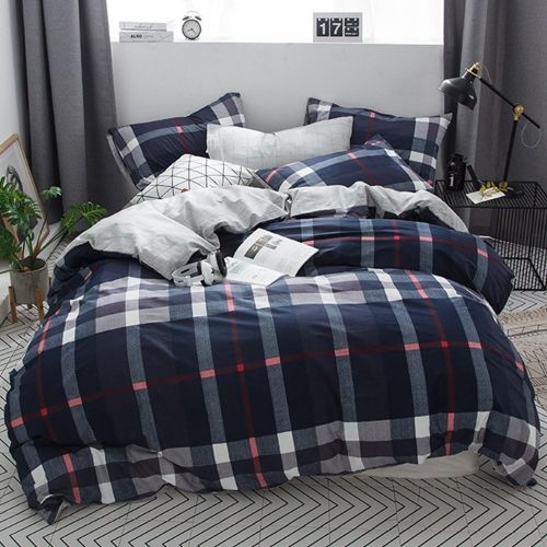  karever Kids Duvet Cover Sets Navy Plaid Bedding Set Twin for Boys Girls 3 PCs Cotton Comforter Cover Set, Navy Blue Checkered with Red Lines
