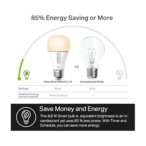  Kasa Smart Light Bulb KL110, LED Wi-Fi smart bulb works with Alexa and Google Home, A19 Dimmable, 2.4Ghz, No Hub Required, 800LM Soft White (2700K), 9W (60W Equivalent)