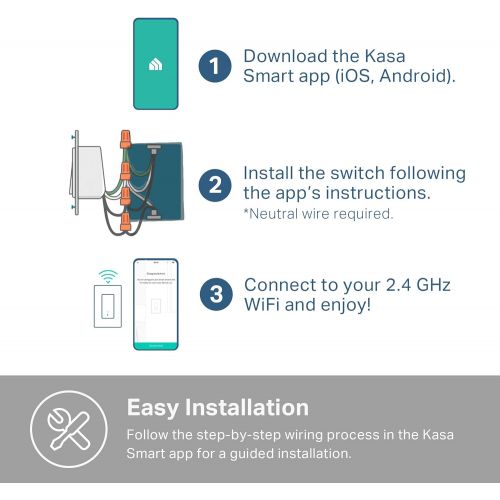  Kasa Smart Light Switch HS200, Single Pole, Needs Neutral Wire, 2.4GHz Wi-Fi Light Switch Works with Alexa and Google Home, UL Certified, No Hub Required , White