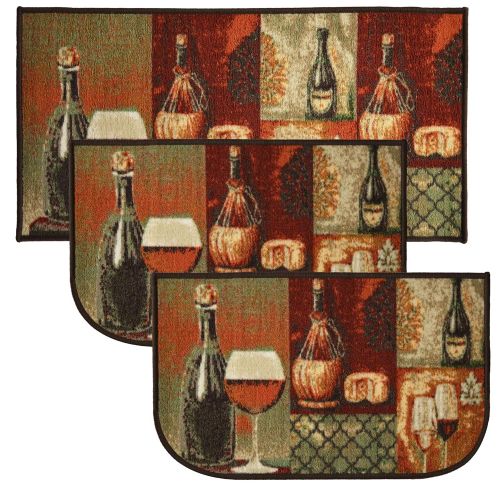  Kashi Home Cheese & Wine 3pc Kitchen Rug Set, (2) Slice 18x30 Rugs, (1) 20x40 Mat, Non-Slid Latex Back