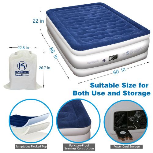  Kasonic Air Mattress Queen Size - Inflatable Airbed with Free Fitted Sheet & Carry Bag; Built-in ETL Listed Electric Pump Raised Air Bed; Height 22, Easy Setup for Home Use/Office