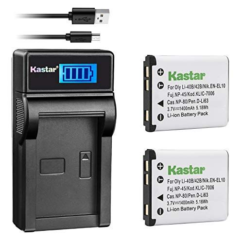  Kastar Battery (X2) & Slim LCD Charger for Olympus LI-42B LI-40B, Fujifilm NP-45, Nikon EN-EL10, Kodak KLIC-7006 K7006, Casio NP-80 CNP80, D-Li63, D-Li108, Ricoh DS-6365 Battery.