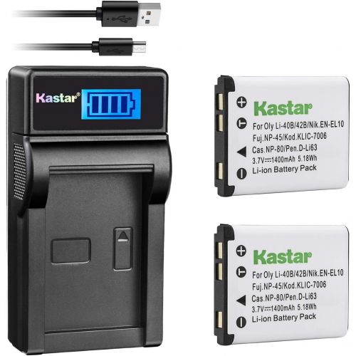  Kastar Battery (X2) & Slim LCD Charger for Olympus LI-42B LI-40B, Fujifilm NP-45, Nikon EN-EL10, Kodak KLIC-7006 K7006, Casio NP-80 CNP80, D-Li63, D-Li108, Ricoh DS-6365 Battery.