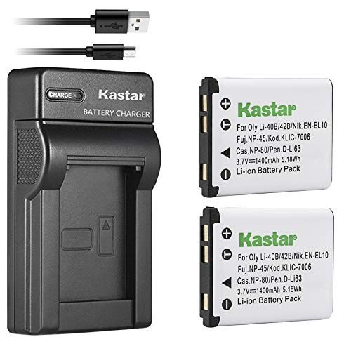  Kastar Battery (X2) & Slim USB Rapid Charger for Olympus LI-42B LI-40B, Fujifilm NP-45, Nikon EN-EL10, Kodak KLIC-7006 K7006, Casio NP-80 CNP80, D-Li63, D-Li108, Ricoh DS-6365 Batt