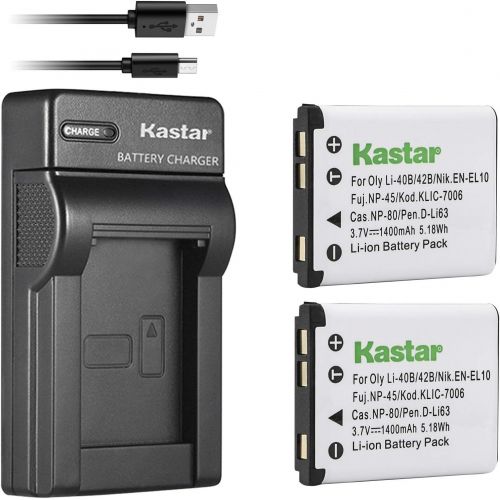  Kastar Battery (X2) & Slim USB Rapid Charger for Olympus LI-42B LI-40B, Fujifilm NP-45, Nikon EN-EL10, Kodak KLIC-7006 K7006, Casio NP-80 CNP80, D-Li63, D-Li108, Ricoh DS-6365 Batt